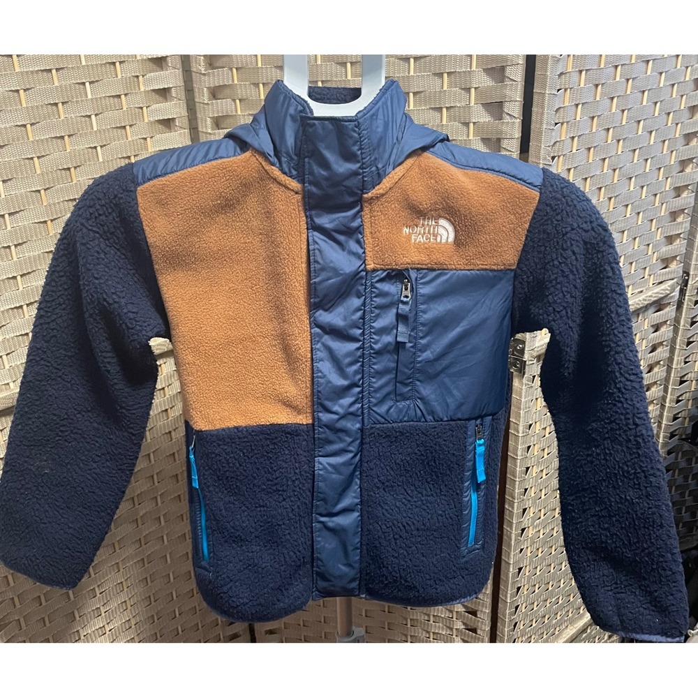 The North Face Kids Denali Hooded Fleece Jacket Navy Brown Colorblock Full Zip